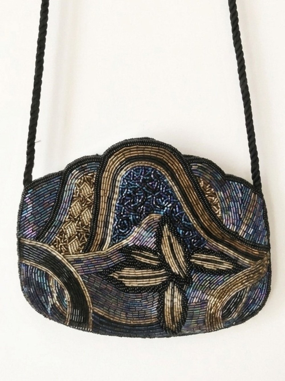 Vintage 90's Beaded Formal Evening Bag Iridescent Cord Strap Shoulder Crossbody
